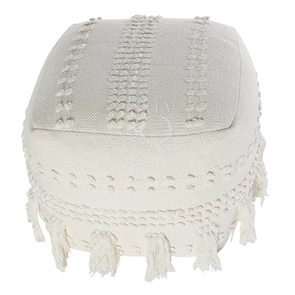 A fabric and jute pouf in white, showcasing a clean and minimalist design that blends the natural texture of jute with soft white fabric. Ideal for enhancing living spaces with a fresh and modern accent.