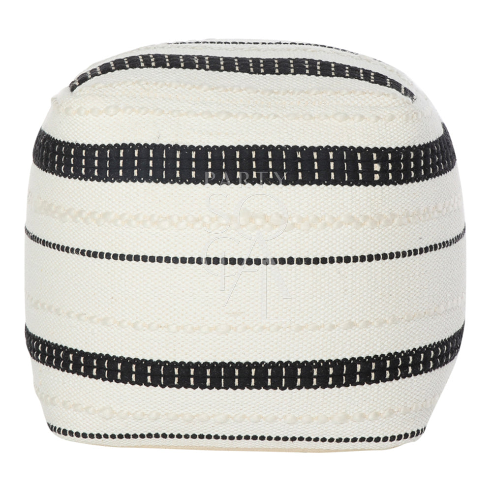 A fabric and jute pouf in black and off white, featuring a stylish design that combines durable jute with soft fabric. Perfect for adding a touch of rustic elegance and versatile seating to any room.