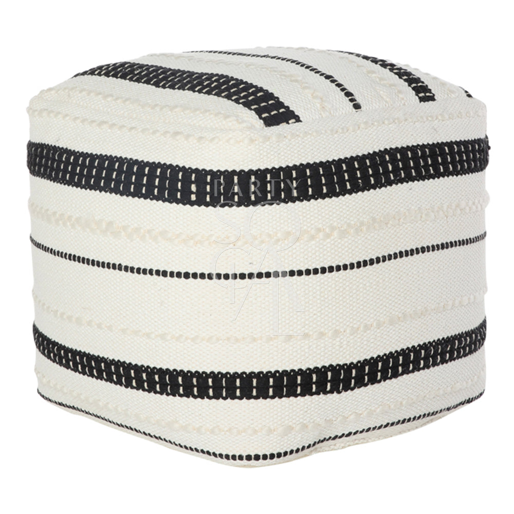 A fabric and jute pouf in black and off white, featuring a stylish design that combines durable jute with soft fabric. Perfect for adding a touch of rustic elegance and versatile seating to any room.