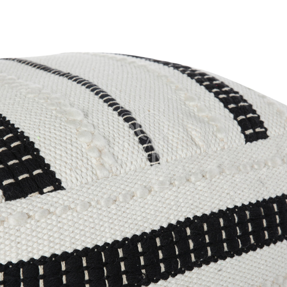 A fabric and jute pouf in black and off white, featuring a stylish design that combines durable jute with soft fabric. Perfect for adding a touch of rustic elegance and versatile seating to any room.