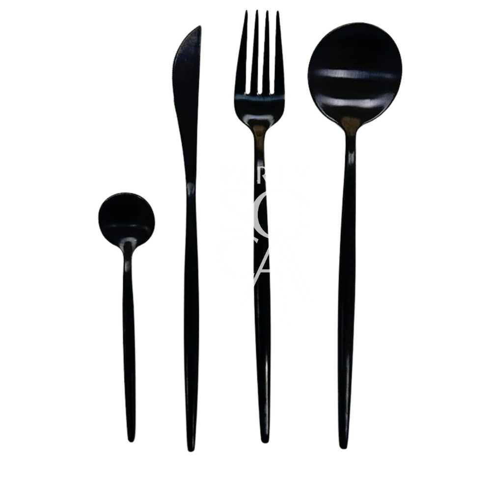 Sleek modern black cutlery set featuring a contemporary design with a matte finish, adding a stylish and sophisticated touch to any dining table.