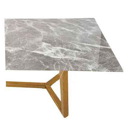A table with a natural base and a grey marble top, featuring a stylish and contemporary design. The natural base provides a warm, earthy contrast to the elegant grey marble top, adding sophistication and modern charm to any decor.