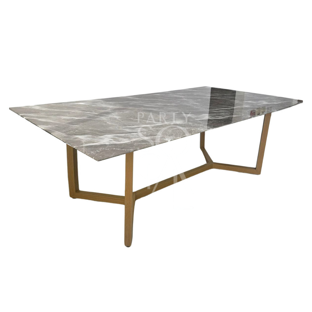A table with a natural base and a grey marble top, featuring a stylish and contemporary design. The natural base provides a warm, earthy contrast to the elegant grey marble top, adding sophistication and modern charm to any decor.