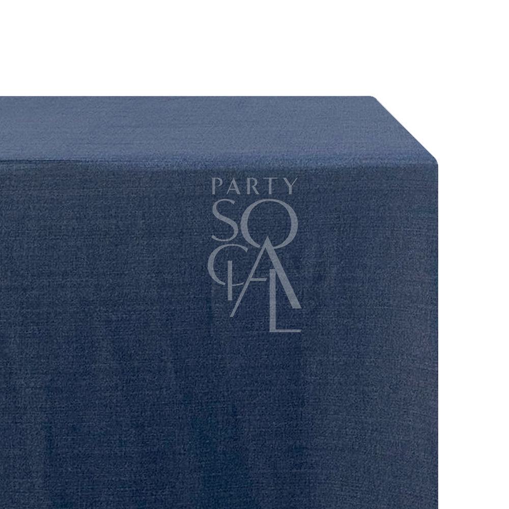 A rectangular linen blend tablecloth in deep navy, featuring a rich and sophisticated color. This elegant tablecloth adds a touch of classic refinement to your dining setting, ideal for formal dinners and stylish gatherings.