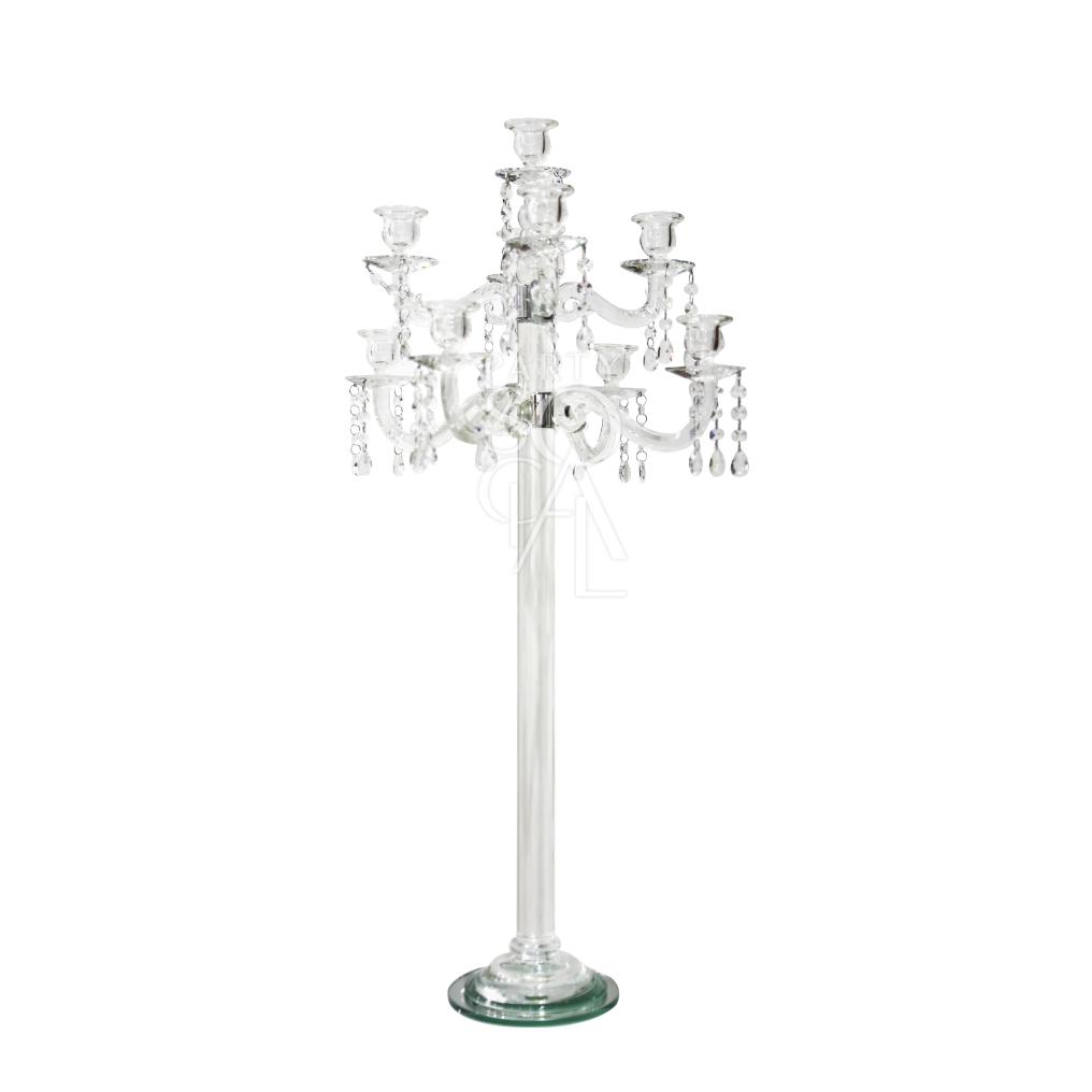 A candelabra gemcut crystal glass featuring a clear, intricately cut design. This elegant candelabra adds a touch of sophistication and brilliance to your table or decor with its sparkling crystal finish. Ideal for creating a luxurious ambiance at formal events and special occasions.