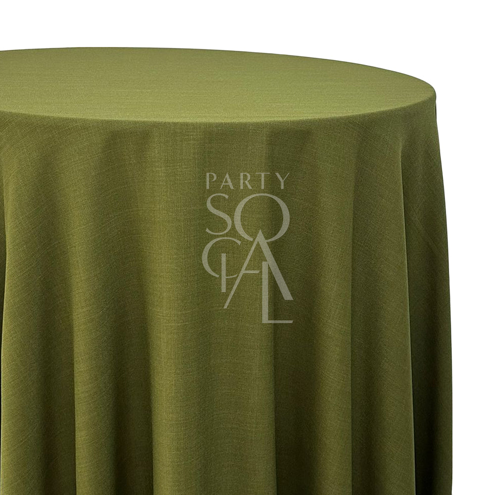 Round cotton linen tablecloth in olive green, showcasing a rich and earthy hue. The olive green color adds a natural and elegant touch, perfect for a rustic or organic table setting.