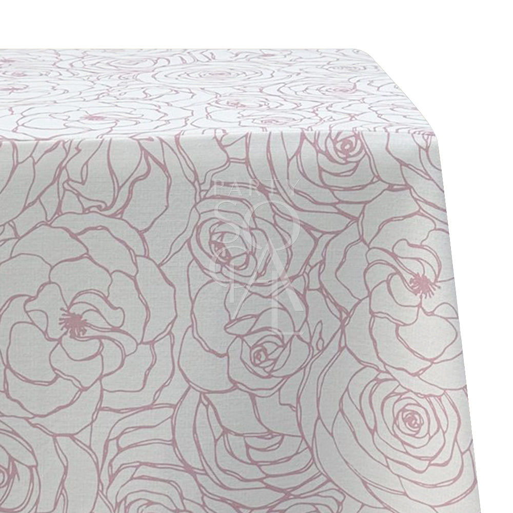 A pink floral rectangular tablecloth made from a polyester-linen blend. This vibrant tablecloth features a charming floral pattern in shades of pink, adding a touch of elegance and freshness to your dining area. Ideal for both casual meals and special occasions, it combines style and durability with its high-quality fabric.