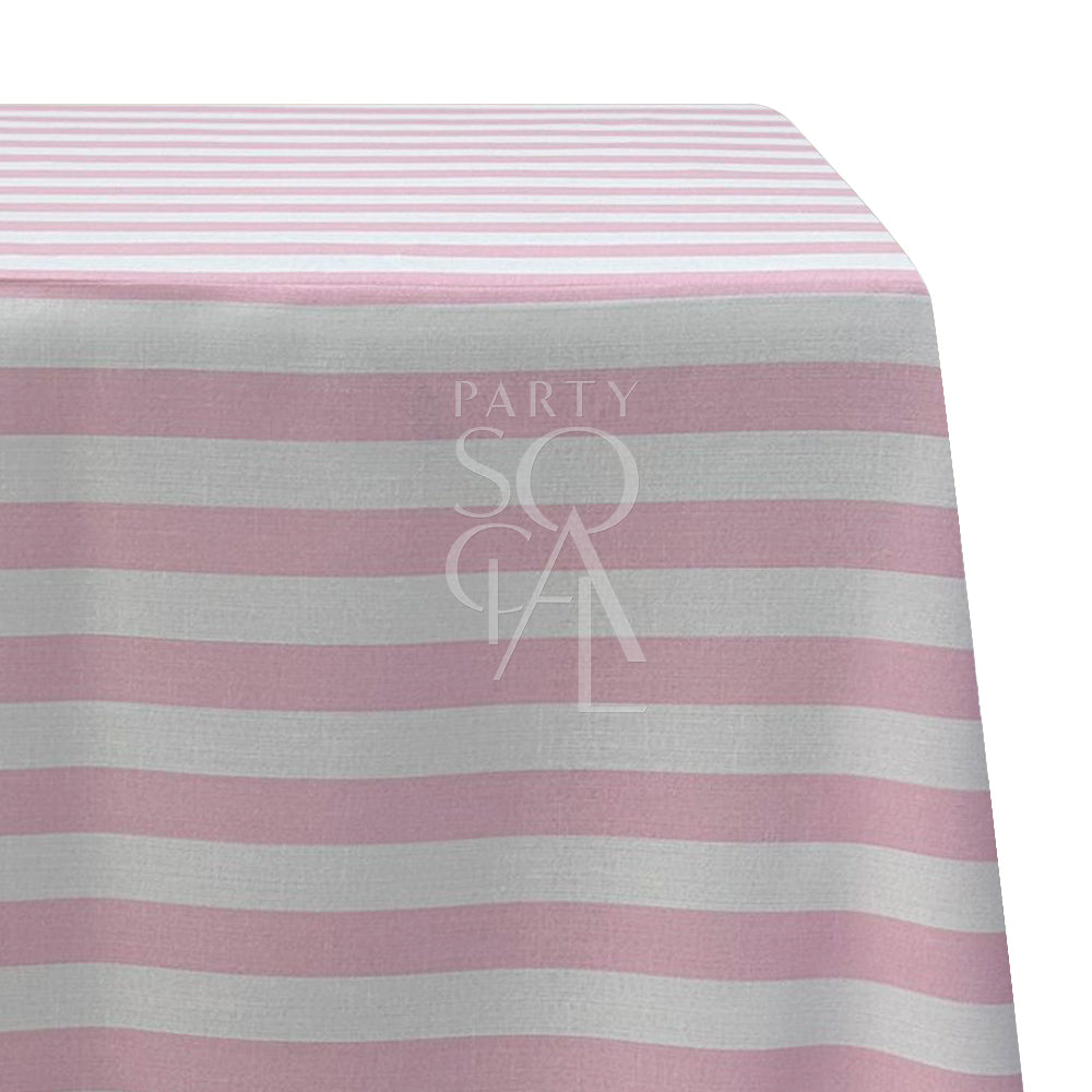 A small stripes rectangular tablecloth in soft pink, featuring a delicate pattern of thin stripes. This charming and stylish tablecloth adds a touch of warmth and elegance to your dining area, ideal for both everyday use and special occasions.