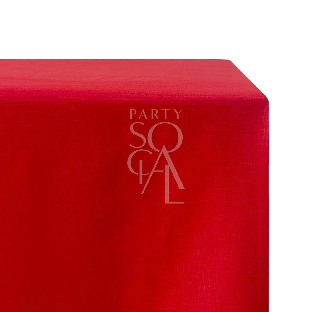 A rectangular linen blend tablecloth in vibrant red, with a striking and eye-catching hue. This dynamic tablecloth adds a pop of color and excitement to your dining area, perfect for festive occasions and celebrations.