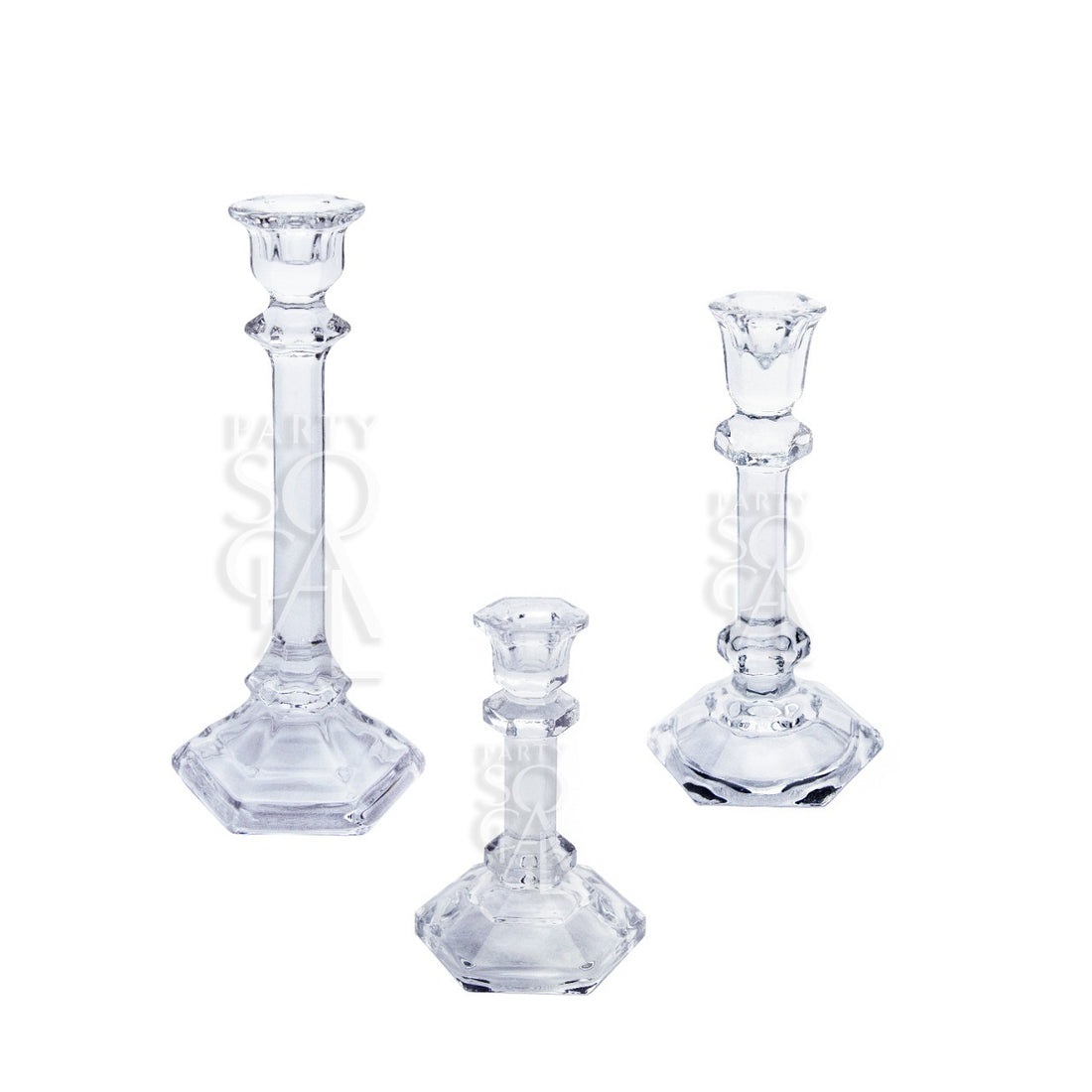 TAPERED GLASS CANDLESTICKS SET OF 3