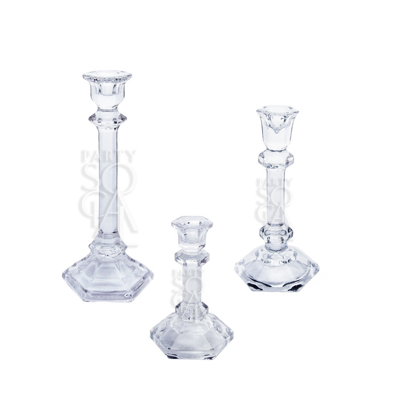 A set of 3 tapered glass candlesticks featuring an elegant and modern design. Each candlestick is made of clear glass with a tapered shape, adding a refined touch to any table or mantel. Ideal for creating a sophisticated ambiance, this set enhances the look of any decor with its sleek and timeless appeal.