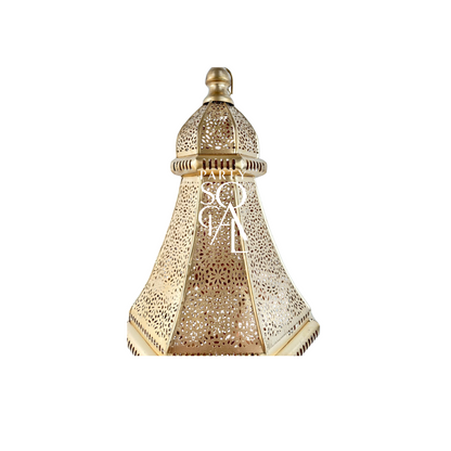 A cone-shaped Moroccan hanging pendant in rose gold, featuring intricate and detailed metalwork. The rose gold finish adds a touch of luxury and warmth, while the cone shape and elaborate patterns create an exotic and sophisticated ambiance, perfect for enhancing the decor of any room.