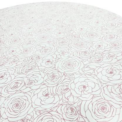 A round tablecloth in pink featuring a charming floral pattern. This elegant tablecloth adds a touch of sophistication and warmth to your dining setting, ideal for both casual meals and special occasions. The soft pink color and floral design create a delightful and inviting atmosphere.