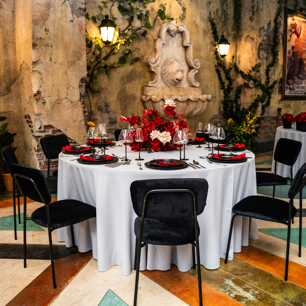 Round cotton linen tablecloth in classic black, featuring a bold and sophisticated shade. The black color creates a striking and elegant look, perfect for formal or modern table settings.