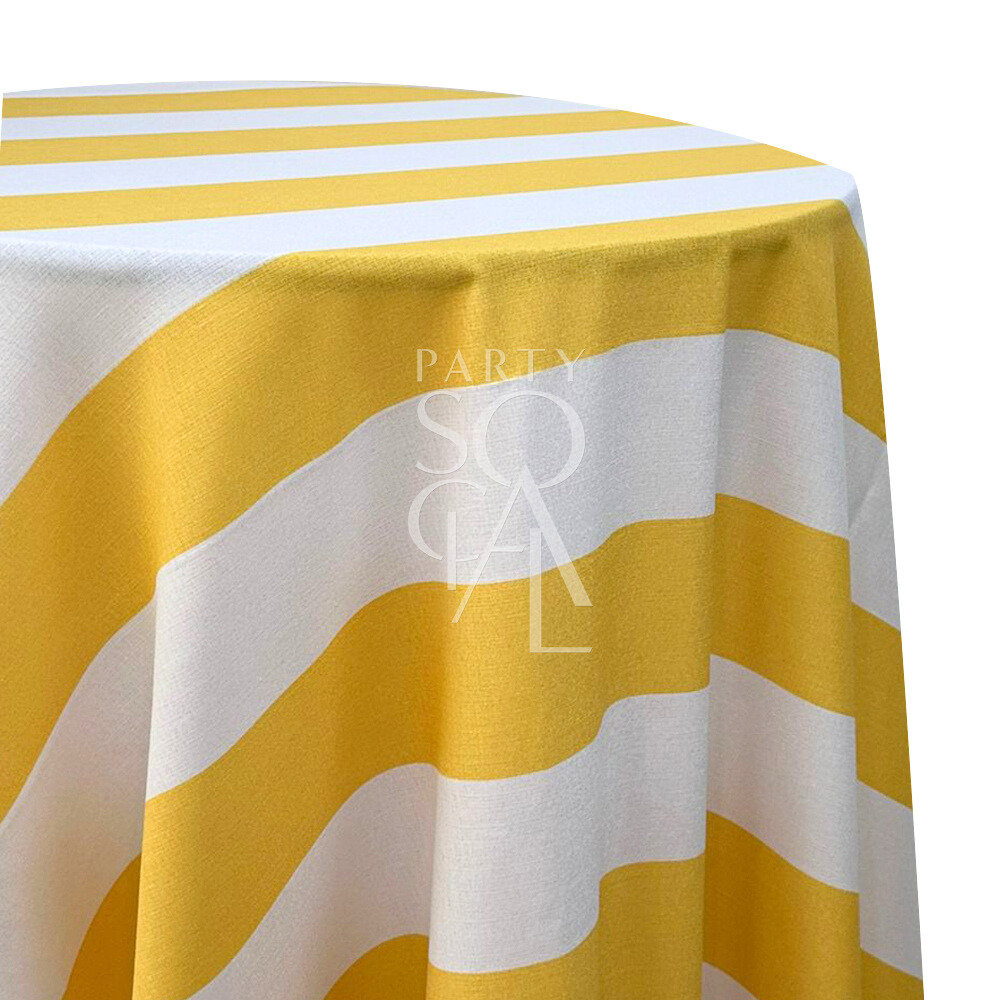 A round tablecloth with small stripes in vibrant yellow, showcasing a bright and cheerful design. This lively tablecloth adds a pop of color and energy to your dining setting, perfect for casual gatherings and festive events.