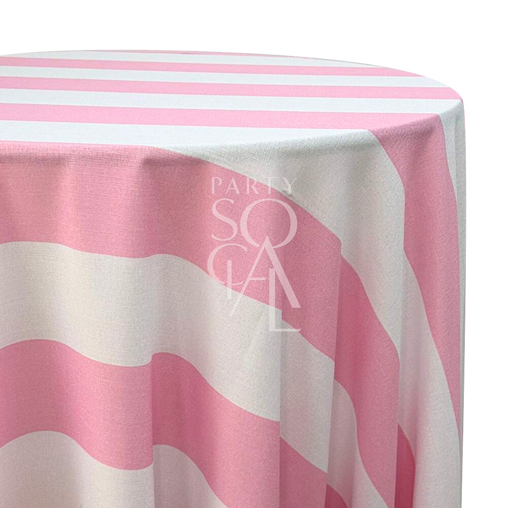 A round tablecloth with small stripes in soft pink, featuring a charming and delicate pattern. This elegant tablecloth adds a touch of warmth and sweetness to your dining area, ideal for special occasions and everyday use.