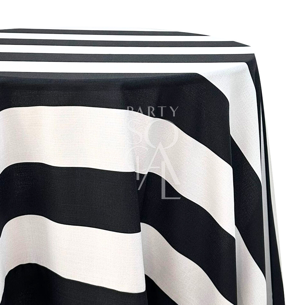 A round tablecloth with small stripes in classic black, featuring a sleek and modern design. This stylish tablecloth adds a touch of sophistication and versatility to your dining setting, perfect for both casual and formal occasions.