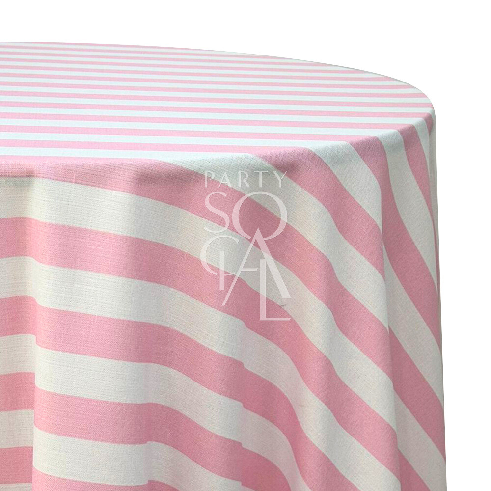 A round tablecloth with small stripes in soft pink, featuring a charming and delicate pattern. This elegant tablecloth adds a touch of warmth and sweetness to your dining area, ideal for special occasions and everyday use.