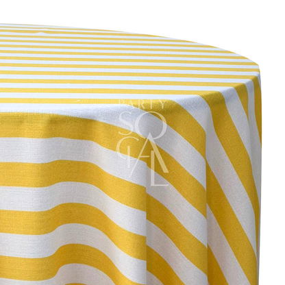 A round tablecloth with small stripes in vibrant yellow, showcasing a bright and cheerful design. This lively tablecloth adds a pop of color and energy to your dining setting, perfect for casual gatherings and festive events.