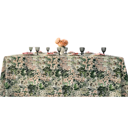 A designer green floral rectangular tablecloth featuring an elegant and intricate floral pattern in varying shades of green. This high-quality tablecloth adds a sophisticated and stylish touch to your dining table. Made from durable, easy-to-clean fabric, it’s perfect for both everyday use and special occasions. Measuring 360cm L x 280cm W, it provides ample coverage and enhances any table setting with its refined and timeless design.