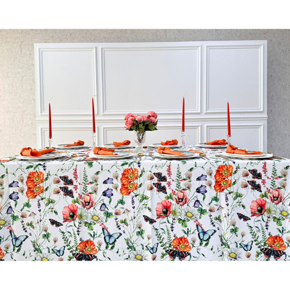 A Butterfly Meadows rectangular tablecloth featuring a whimsical, nature-inspired design with colorful butterflies and floral elements. This high-quality tablecloth, measuring 360cm L x 280cm W, brings a touch of charm and elegance to your dining area. Made from durable, easy-to-clean fabric, it’s perfect for adding a vibrant and playful touch to both casual meals and special events. Available in this generous size, it enhances your dining experience with its unique and eye-catching design.