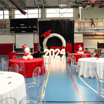 An LED stand displaying &quot;2024&quot; in white and red, featuring a bright and modern design. This eye-catching indoor stand is perfect for celebrating the new year, adding a festive and vibrant touch to events, parties, and home decor.