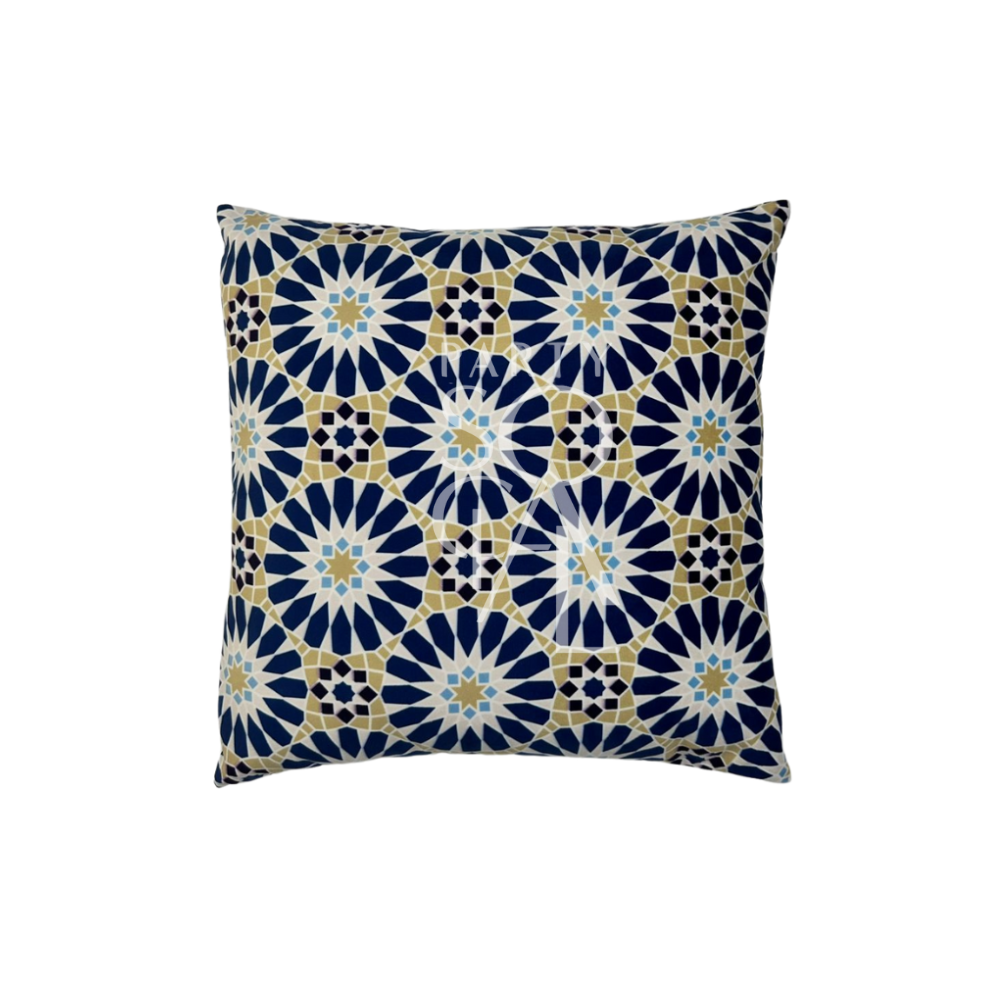 A cushion with an arabesque print design, featuring an intricate and elegant pattern. The cover material is polyester, providing durability and a smooth texture. This cushion adds a touch of sophisticated charm and comfort to any seating area or decor.