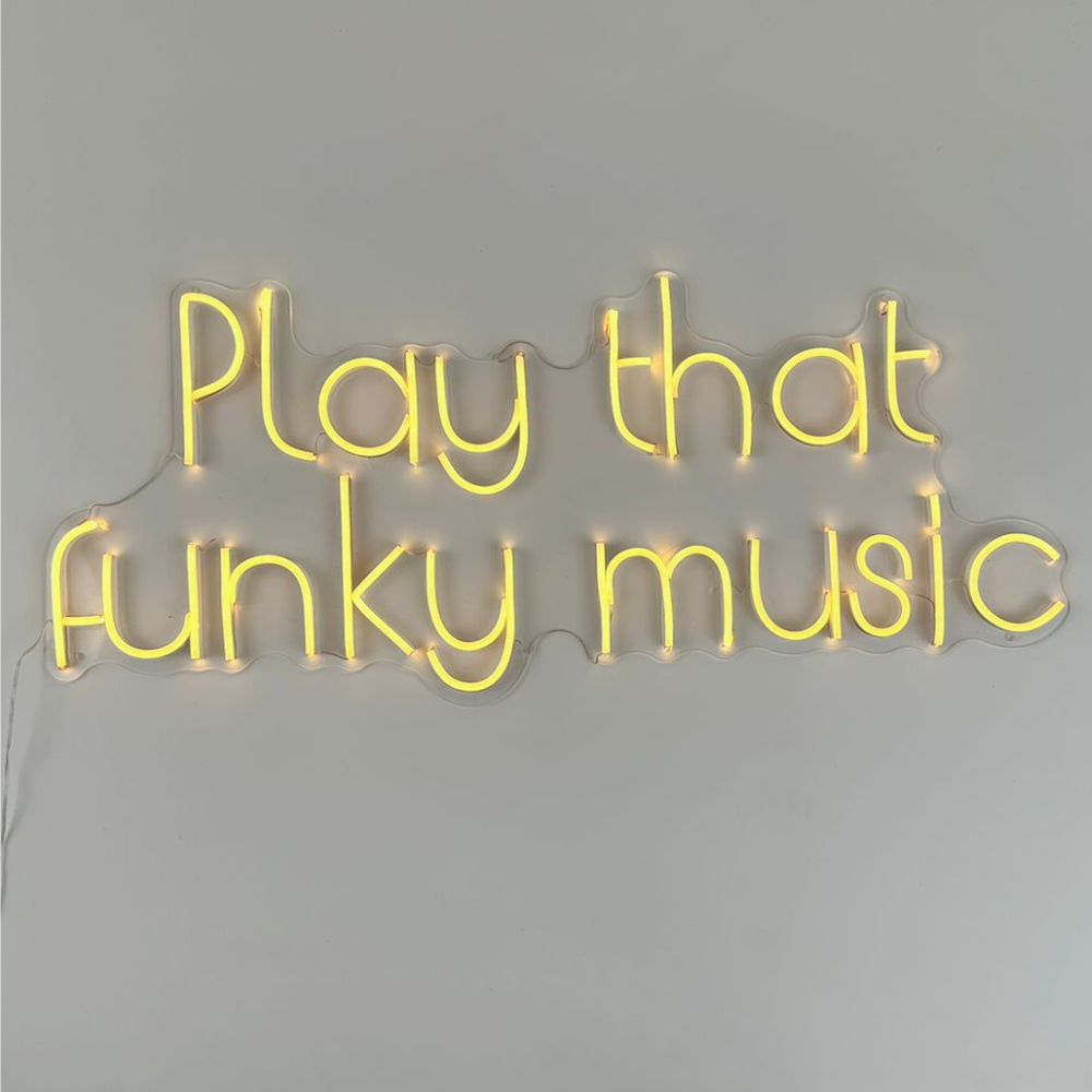 A &quot;Play That Funky Music&quot; LED neon sign in yellow and blue, featuring a vibrant and eye-catching design. This colorful sign is suitable for indoor use, adding a dynamic and playful touch to parties, events, or home decor with its energetic and retro appeal.