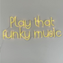 A "Play That Funky Music" LED neon sign in yellow and blue, featuring a vibrant and eye-catching design. This colorful sign is suitable for indoor use, adding a dynamic and playful touch to parties, events, or home decor with its energetic and retro appeal.