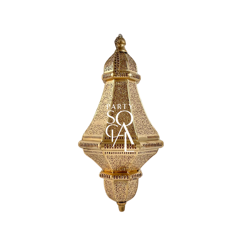 A cone-shaped Moroccan hanging pendant in rose gold, featuring intricate and detailed metalwork. The rose gold finish adds a touch of luxury and warmth, while the cone shape and elaborate patterns create an exotic and sophisticated ambiance, perfect for enhancing the decor of any room.