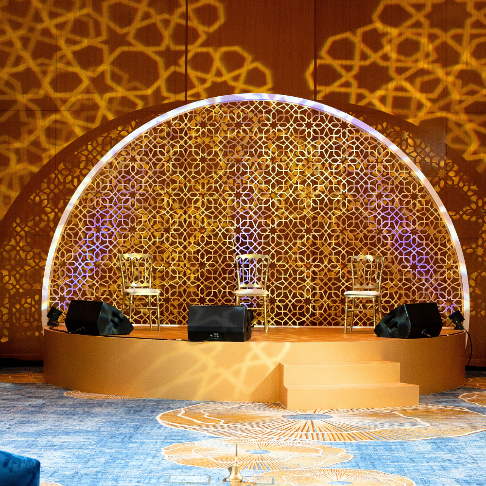 &quot;Arabesque stage with intricate designs available for rent.&quot; &quot;Elegant arabesque-themed stage with ornate patterns for rental.&quot; &quot;Beautifully decorated arabesque stage for rent, perfect for events.&quot; &quot;Rent this stunning arabesque stage with detailed craftsmanship and unique design.&quot; &quot;Arabesque stage featuring elaborate patterns and luxurious decor, available for rent.&quot;