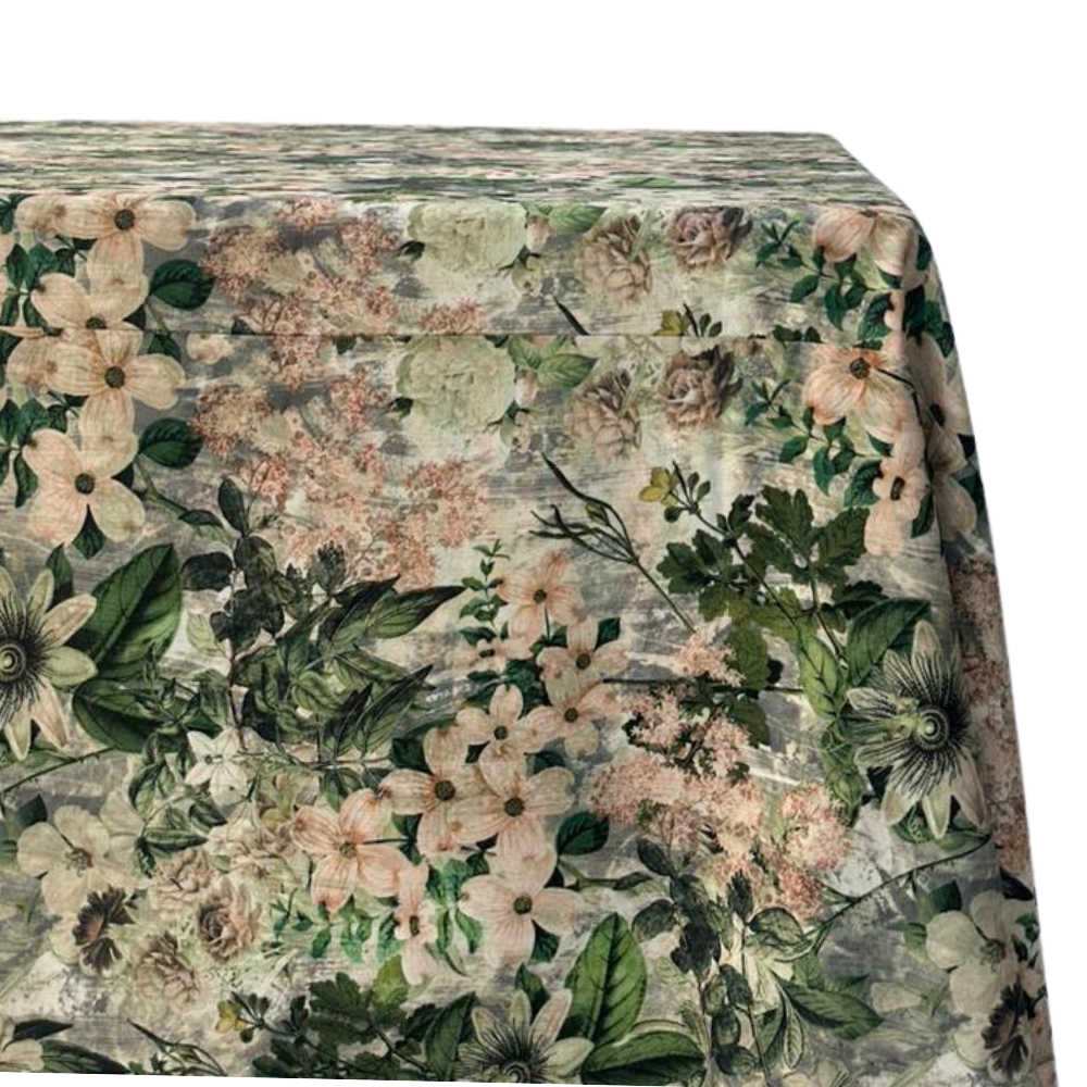 A designer green floral rectangular tablecloth featuring an elegant and intricate floral pattern in varying shades of green. This high-quality tablecloth adds a sophisticated and stylish touch to your dining table. Made from durable, easy-to-clean fabric, it’s perfect for both everyday use and special occasions. Measuring 360cm L x 280cm W, it provides ample coverage and enhances any table setting with its refined and timeless design.