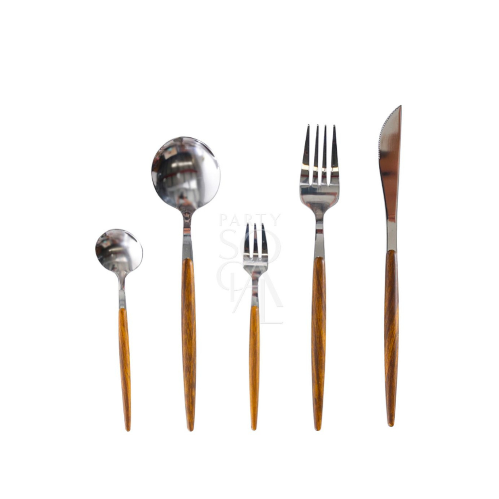 A set of cutlery featuring wooden handles with a silver finish, including a dessert fork, dessert spoon, dinner fork, dinner knife, and dinner spoon. This elegant cutlery set combines the natural charm of wood with the sleek sophistication of silver, adding a touch of refinement and style to any dining experience.