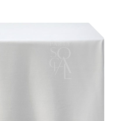 A rectangular linen blend tablecloth in crisp white, featuring a clean and elegant design. This versatile tablecloth adds a touch of sophistication to any dining setting, ideal for both formal events and everyday use.