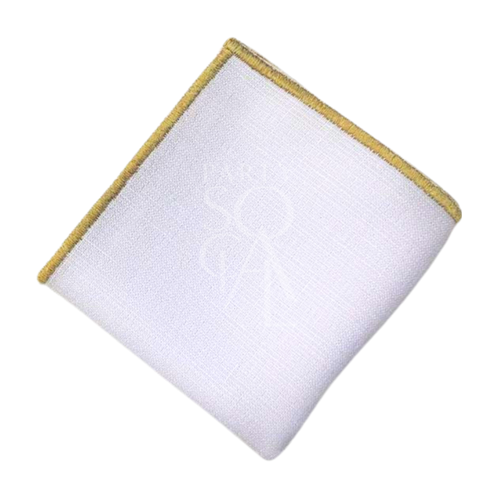 Elegant white napkin with a luxurious gold line border, providing a hint of opulence. The gold-lined detail adds a warm, sophisticated touch to any formal or celebratory table setting.