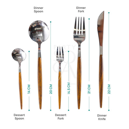 A set of cutlery featuring wooden handles with a silver finish, including a dessert fork, dessert spoon, dinner fork, dinner knife, and dinner spoon. This elegant cutlery set combines the natural charm of wood with the sleek sophistication of silver, adding a touch of refinement and style to any dining experience.