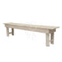 White wood bench with a simple, elegant design featuring a smooth, painted finish and sturdy legs. Ideal for seating in various settings.