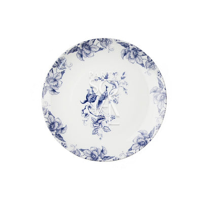 Vibrant plates featuring a detailed blue peacock design, perfect for adding a touch of elegance and color to any dining setting.