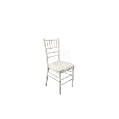 Mini Chiavari chair in white, designed with a classic and elegant look. This chair features a traditional Chiavari silhouette with a white finish, making it a versatile choice for upscale events and gatherings. Its compact size is perfect for adding a touch of sophistication to smaller spaces or for use as a stylish accent in various settings.