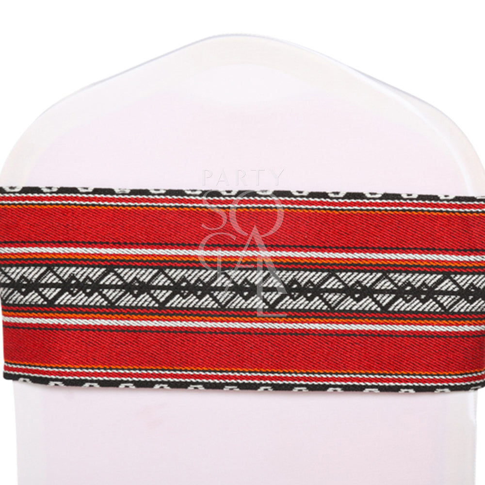 Stylish chair band featuring a vibrant Arabic print with intricate patterns and rich colors. The band wraps securely around the chair, adding a touch of cultural elegance and a unique, decorative element to any event or dining setting. Perfect for enhancing the aesthetic of weddings, parties, or themed gatherings.