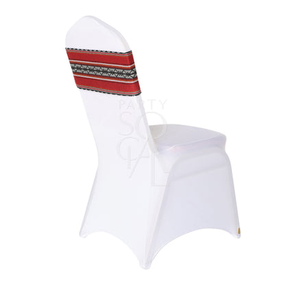 Stylish chair band featuring a vibrant Arabic print with intricate patterns and rich colors. The band wraps securely around the chair, adding a touch of cultural elegance and a unique, decorative element to any event or dining setting. Perfect for enhancing the aesthetic of weddings, parties, or themed gatherings.