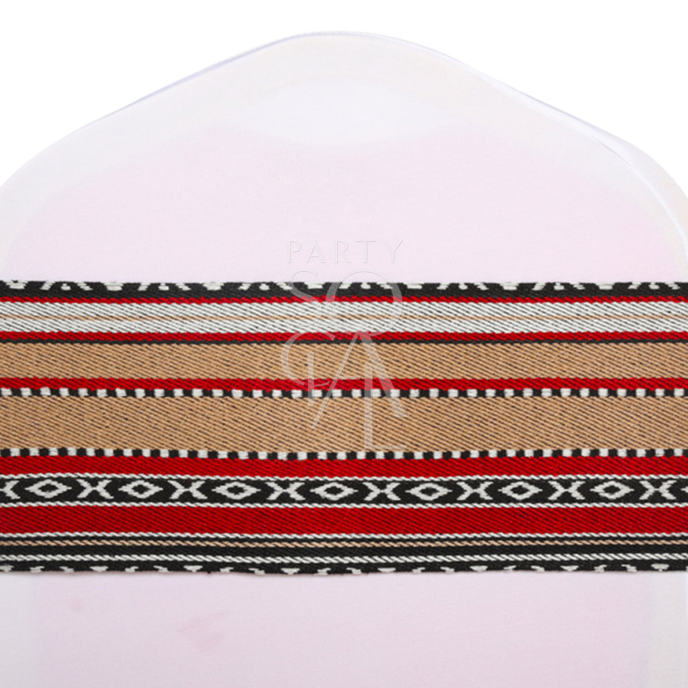 Stylish chair band featuring a vibrant Arabic print with intricate patterns and rich colors. The band wraps securely around the chair, adding a touch of cultural elegance and a unique, decorative element to any event or dining setting. Perfect for enhancing the aesthetic of weddings, parties, or themed gatherings.