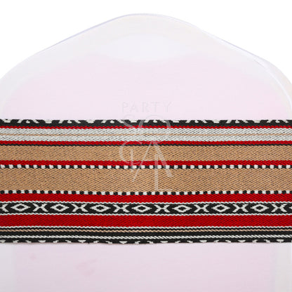 Stylish chair band featuring a vibrant Arabic print with intricate patterns and rich colors. The band wraps securely around the chair, adding a touch of cultural elegance and a unique, decorative element to any event or dining setting. Perfect for enhancing the aesthetic of weddings, parties, or themed gatherings.
