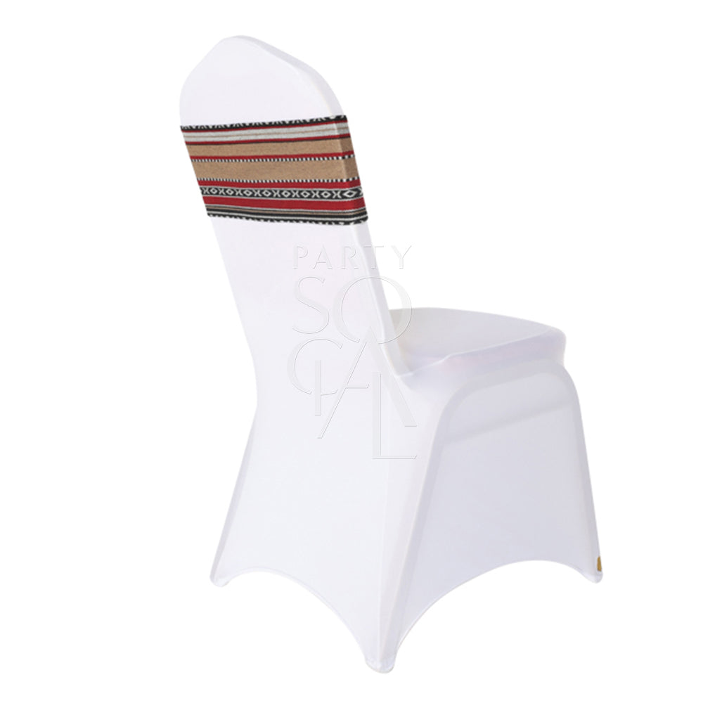 Stylish chair band featuring a vibrant Arabic print with intricate patterns and rich colors. The band wraps securely around the chair, adding a touch of cultural elegance and a unique, decorative element to any event or dining setting. Perfect for enhancing the aesthetic of weddings, parties, or themed gatherings.
