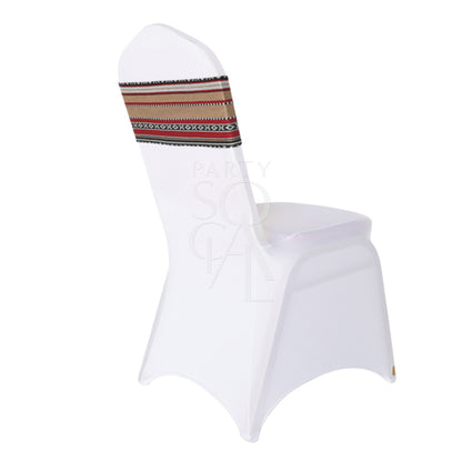 Stylish chair band featuring a vibrant Arabic print with intricate patterns and rich colors. The band wraps securely around the chair, adding a touch of cultural elegance and a unique, decorative element to any event or dining setting. Perfect for enhancing the aesthetic of weddings, parties, or themed gatherings.