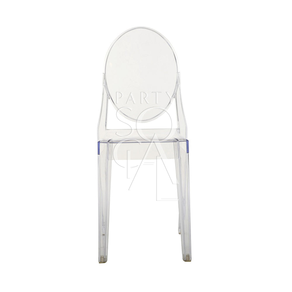 Clear Ghost chair without arms, featuring a sleek, modern design with a transparent polycarbonate frame. The chair showcases a chic, minimalist style, making it versatile for various decor settings.