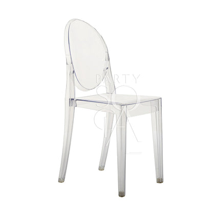 Clear Ghost chair without arms, featuring a sleek, modern design with a transparent polycarbonate frame. The chair showcases a chic, minimalist style, making it versatile for various decor settings.