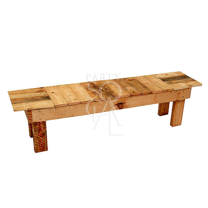 Rustic wooden bench with a weathered, natural finish, featuring a sturdy construction and an aged appearance that adds charm to any space. Ideal for outdoor or rustic-themed settings.