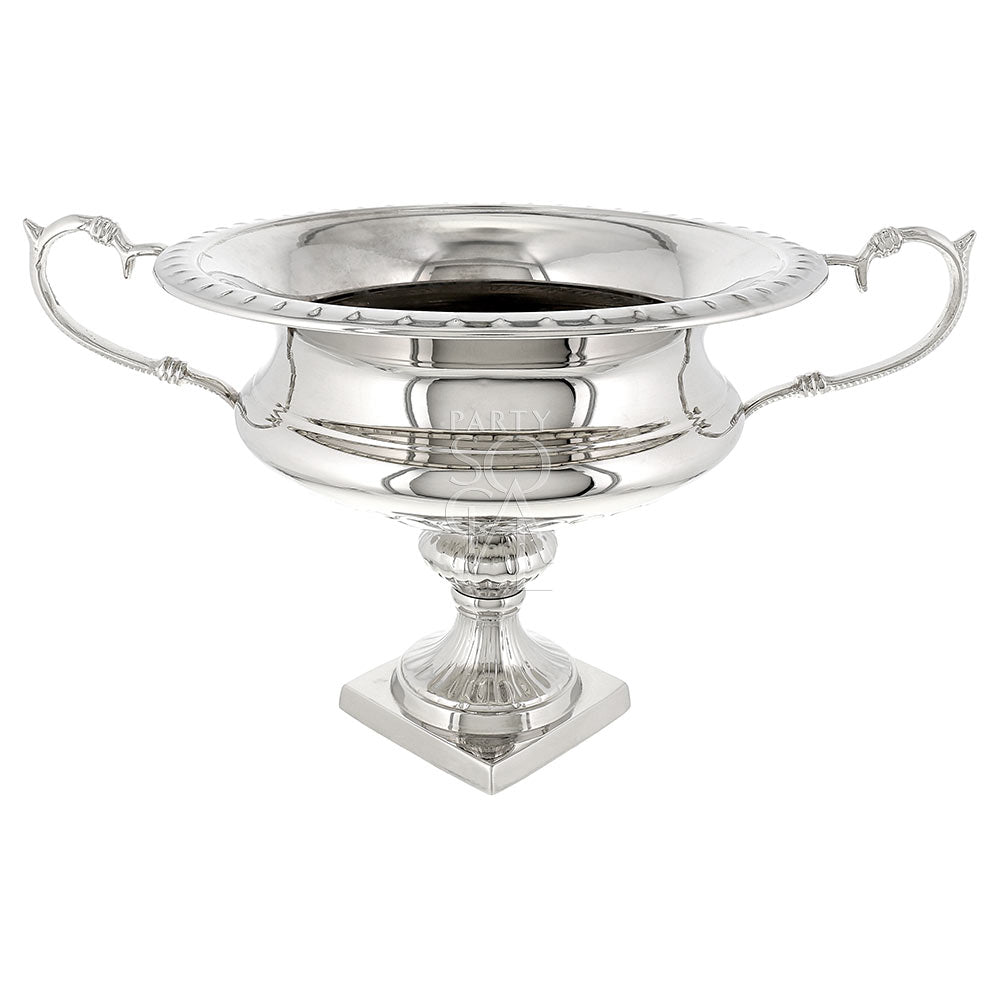 Elegant silver urn with a polished, reflective finish. This decorative piece features classic urn styling with a rounded body and flared top, adding a touch of sophistication and charm to any setting. Perfect for use as a decorative vase or centerpiece.