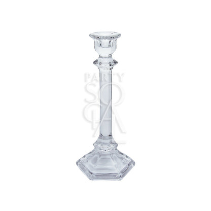 Elegant set of three tapered glass candle holders. Each holder features a sleek, slender design with a tapering silhouette, ideal for adding a touch of sophistication to any table setting. The clear glass enhances the ambiance by reflecting candlelight beautifully.